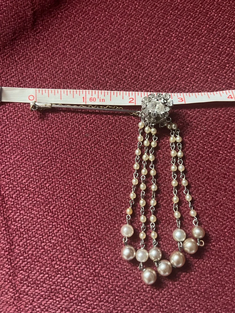 Vintage Italian Silver Tone Hanging Faux Pearls rhinestones Brooch Hat Pin